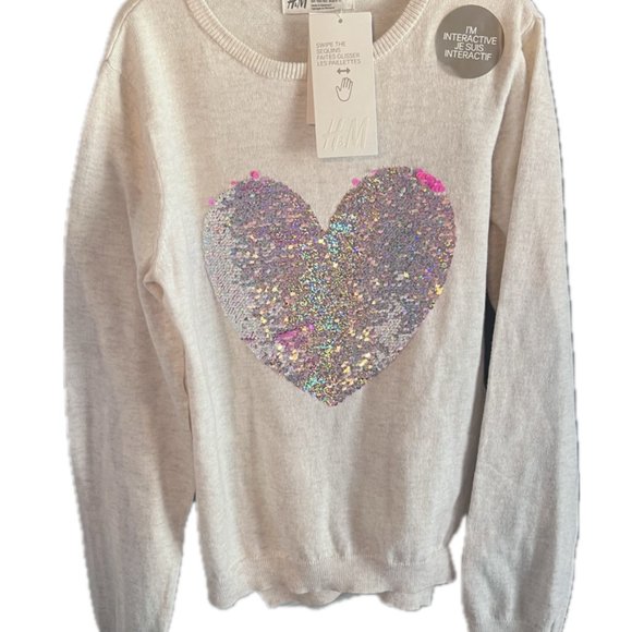 H&M Girls Color Changing Sequin Heart Sweater 8/10Y - Picture 1 of 5